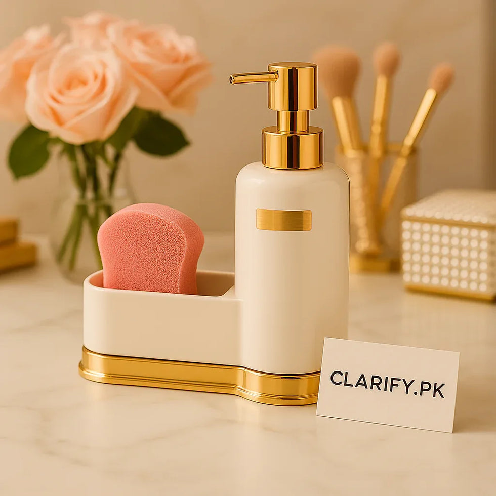 White & Gold Soap Dispenser with Sponge Holder – Modern Kitchen & Vanity Set - Clarify.pk