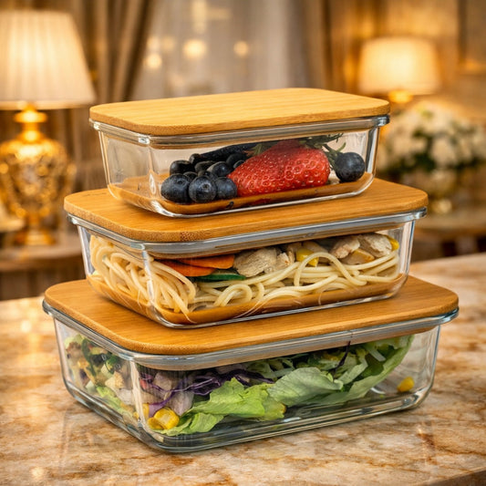 Luxury 3 Pieces Glass Dish Set with Bamboo Lids - Eco-Clear GL