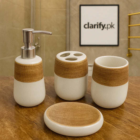 4Pcs Luxury Brown & White Bath Set – Elegant Bathroom Décor - Clarify.pk