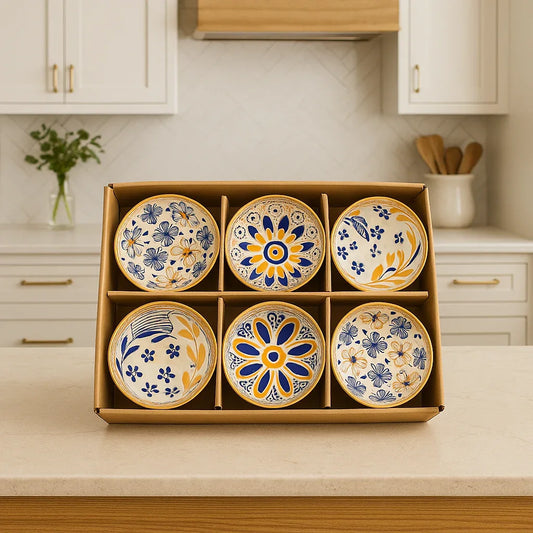 Premium 6 Pcs Ceramic Bowl Set – Blue & Mustard Floral Art - Clarify.pk