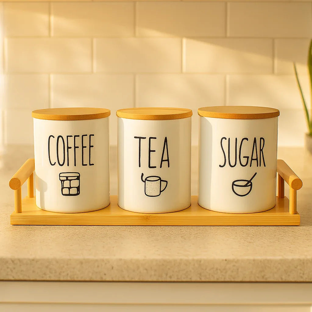 Minimal Ceramic Coffee Tea Sugar Storage Set with Bamboo Base - Clarify.pk