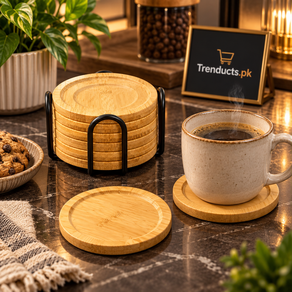 6-Piece Bamboo Coaster Set with Black Metal Stand