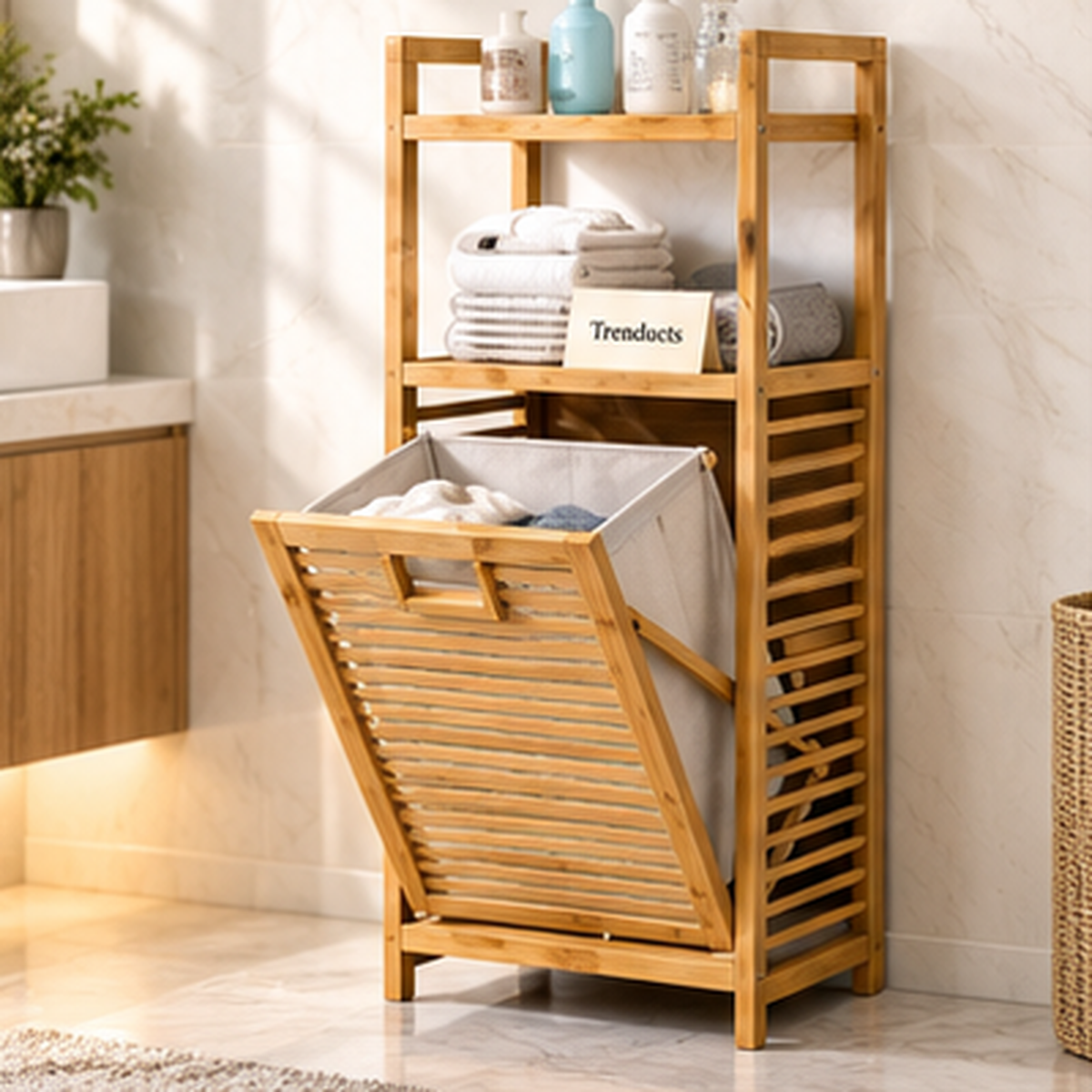 Bamboo Laundry Cabinet with Laundry Basket and Shelves