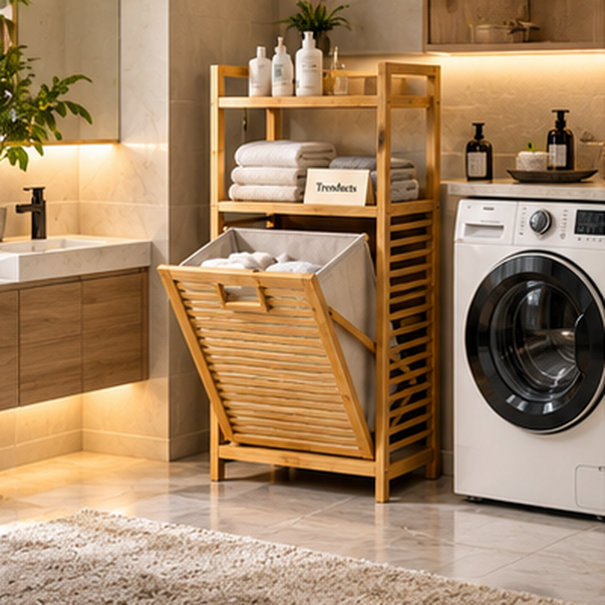 Bamboo Laundry Cabinet with Laundry Basket and Shelves