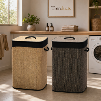 Rectangular bamboo laundry basket in two woven finishes