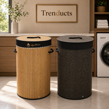 Round bamboo laundry basket in two woven finishes