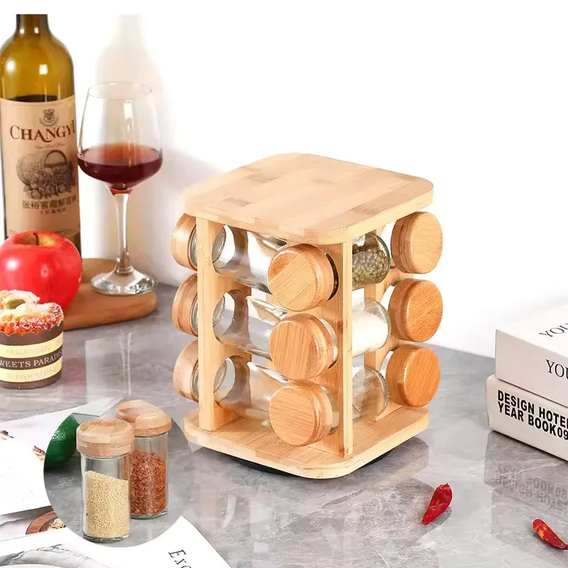 Bamboo Spice Rack Organizer with Glass Jars