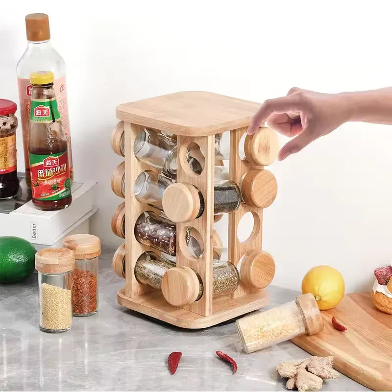 Bamboo Spice Rack Organizer with Glass Jars