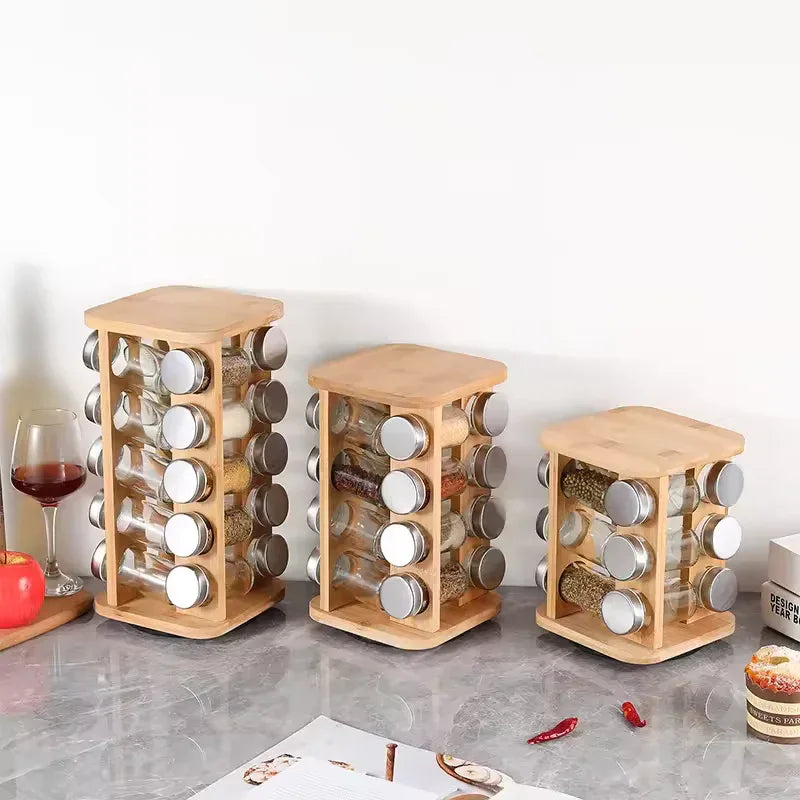 Bamboo Spice Rack Organizer with Glass Jars