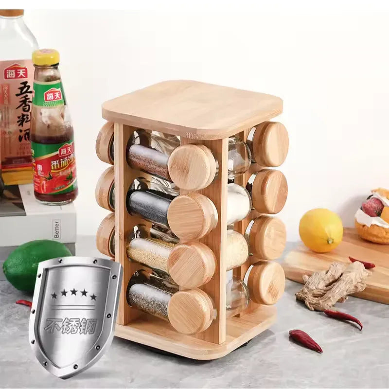 Bamboo Spice Rack Organizer with Glass Jars - Clarify.pk