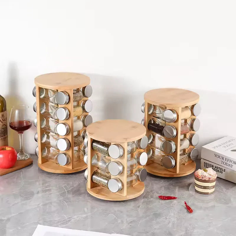 Bamboo Spice Rack Organizer with Glass Jars - Clarify.pk