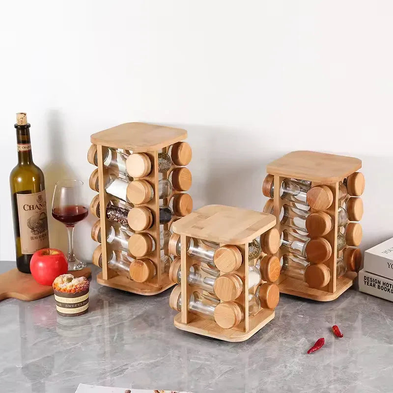 Bamboo Spice Rack Organizer with Glass Jars