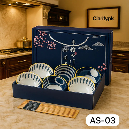 Japanese Ceramic Bowl Set of 6 with Chopsticks – Oriental Blue Blossom Print - Clarify.pk