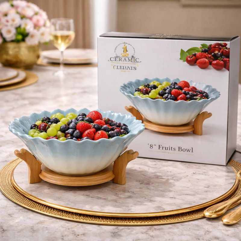 Ceramic Cleianis Fluted Serving Bowl – 8" Aesthetic Bowl with Elegant Wood Base - Trenducts.pk