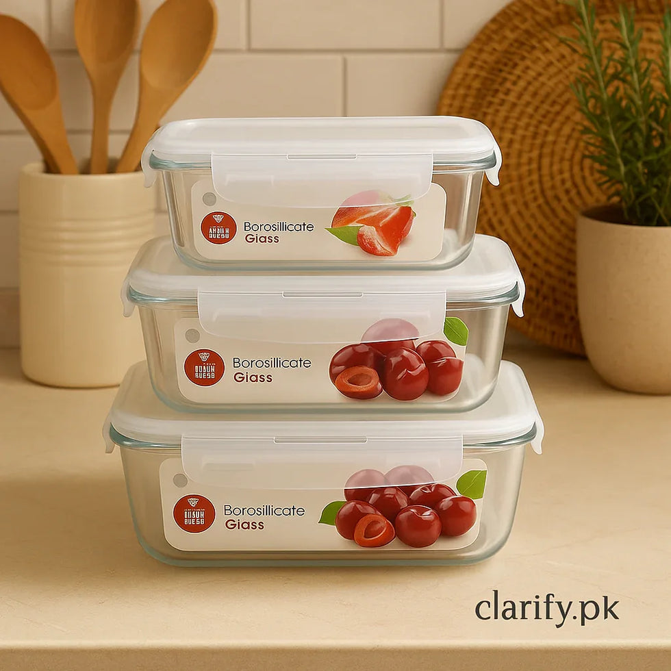 Airtight Borosilicate Glass Bowl Set – 3pcs with Lids (400ml, 630ml, 1000ml) - Clarify.pk
