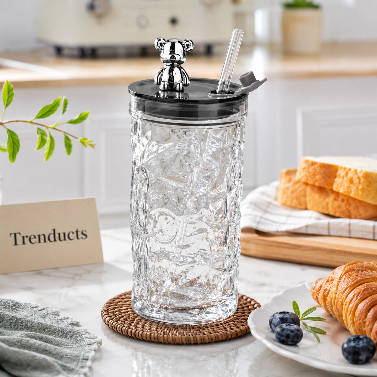 330ml Bear Glass Cup with Lid & Straw