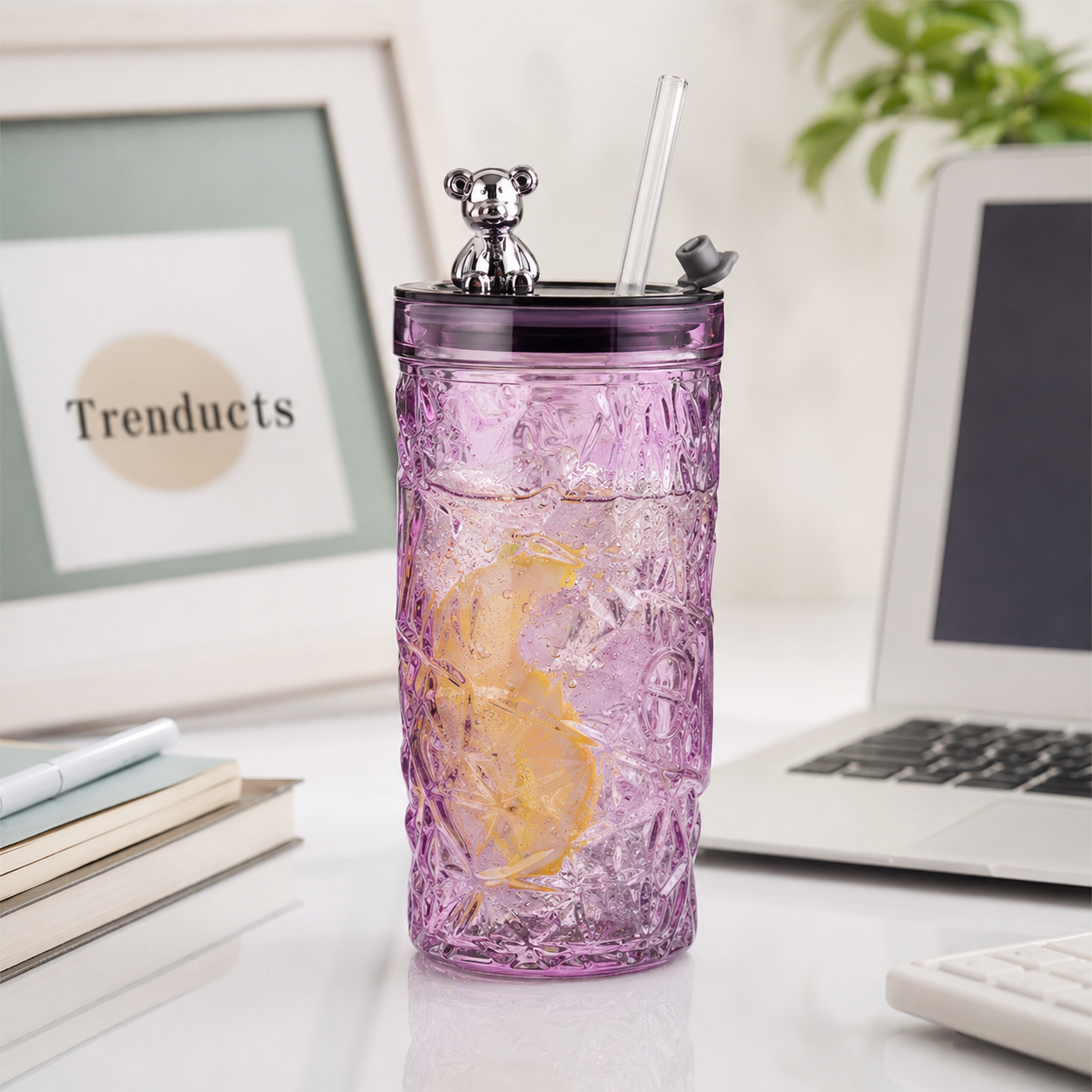 330ml Bear Glass Cup with Lid & Straw