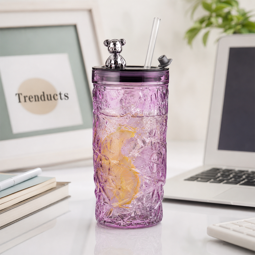 330ml Bear Glass Cup with Lid & Straw