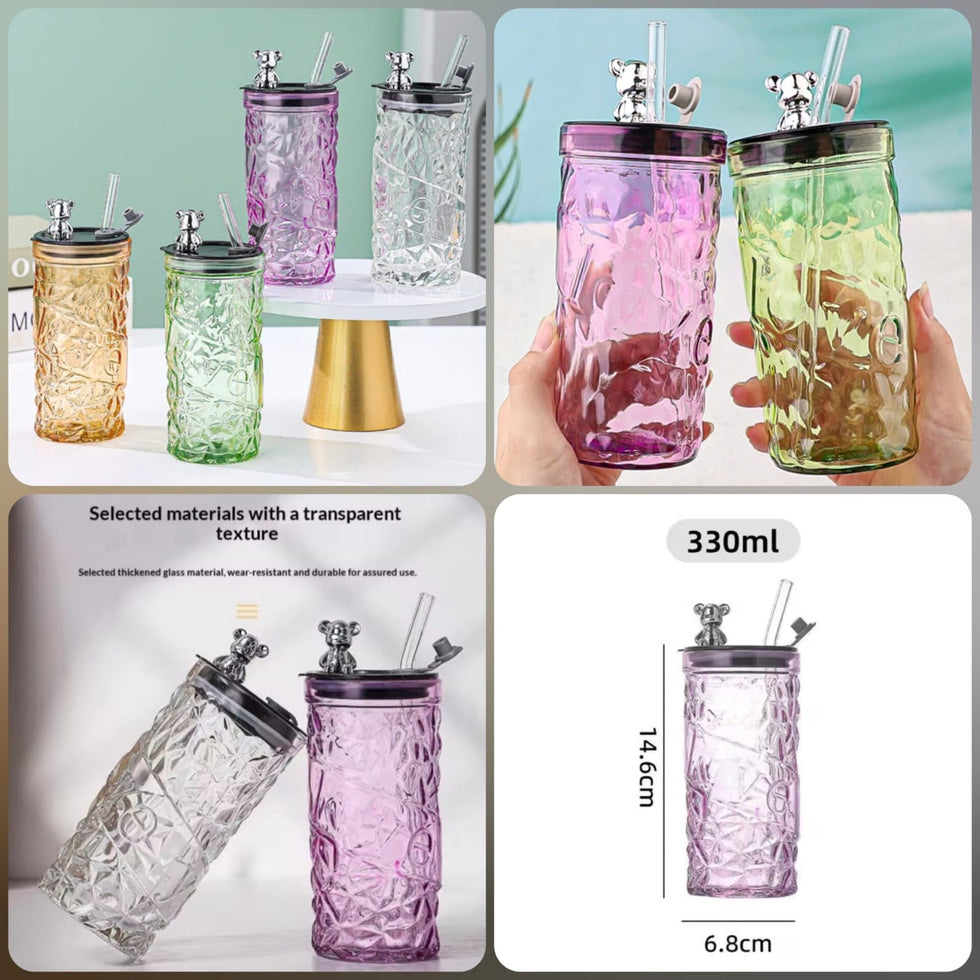 330ml Bear Glass Cup with Lid & Straw