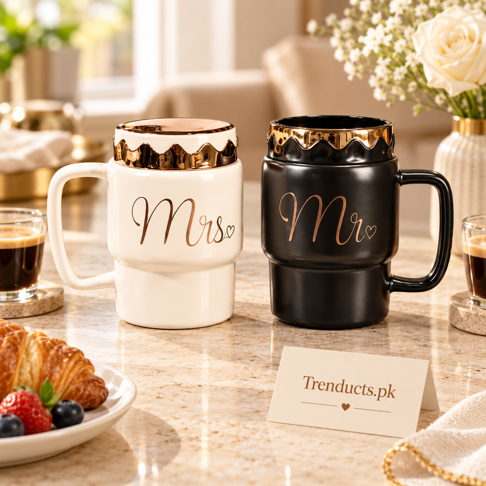 Beige & Black King Queen Ceramic Couple Mug Set