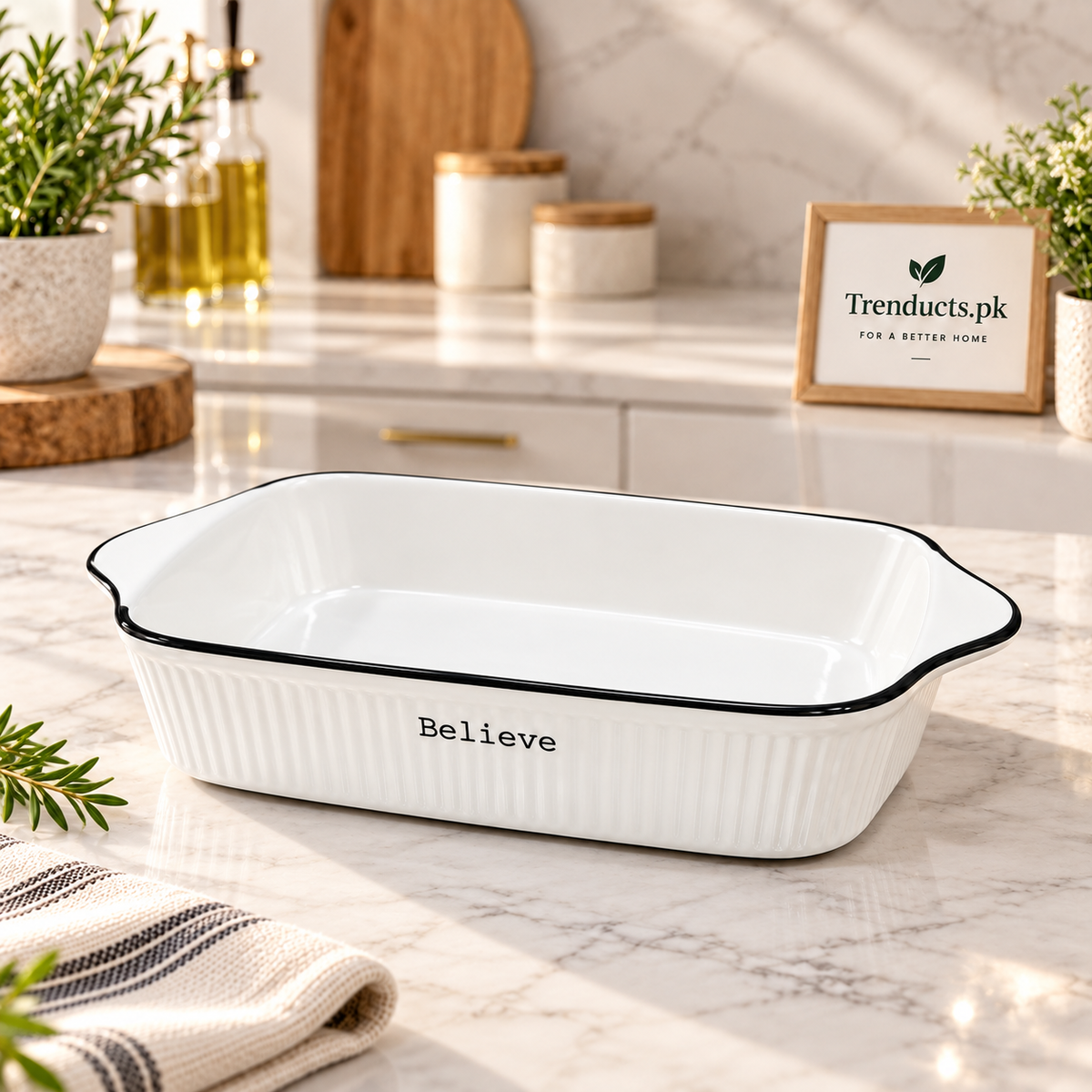 Believe Rectangular Ceramic Baking Dish with Handles
