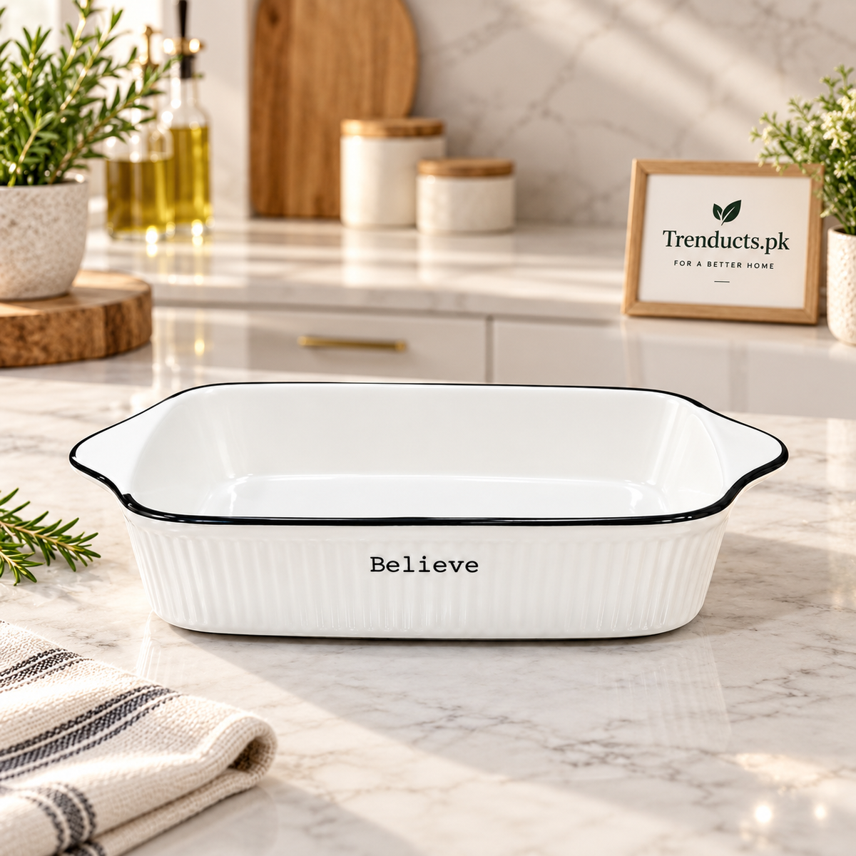 Believe Rectangular Ceramic Baking Dish with Handles