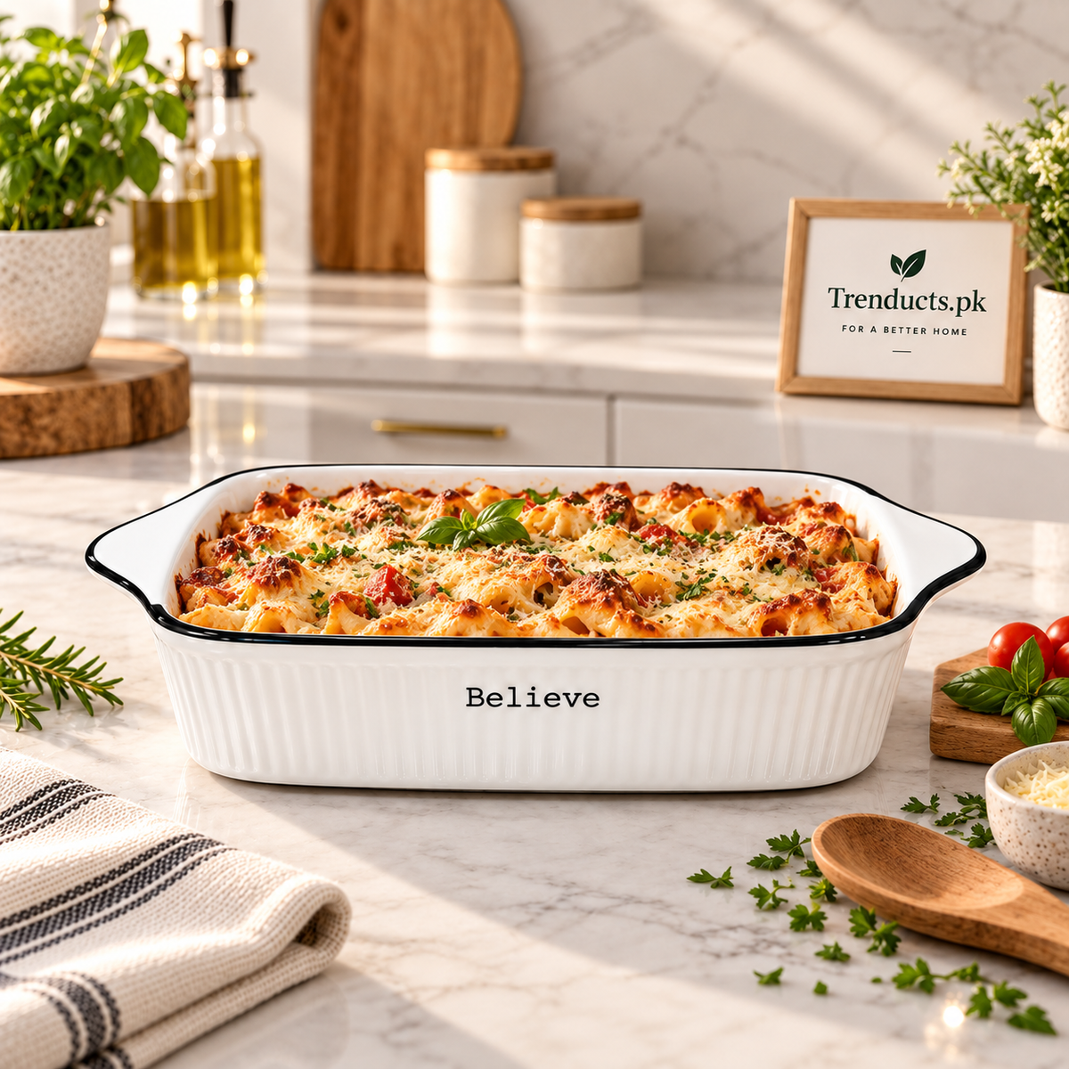 Believe Rectangular Ceramic Baking Dish with Handles