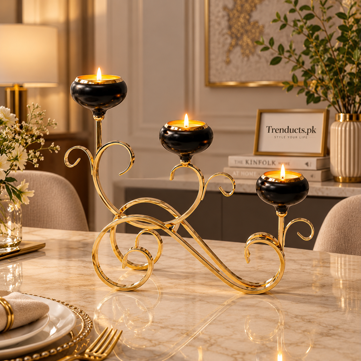 Triple Black Cup Metal Candle Stand with Gold Scroll Base