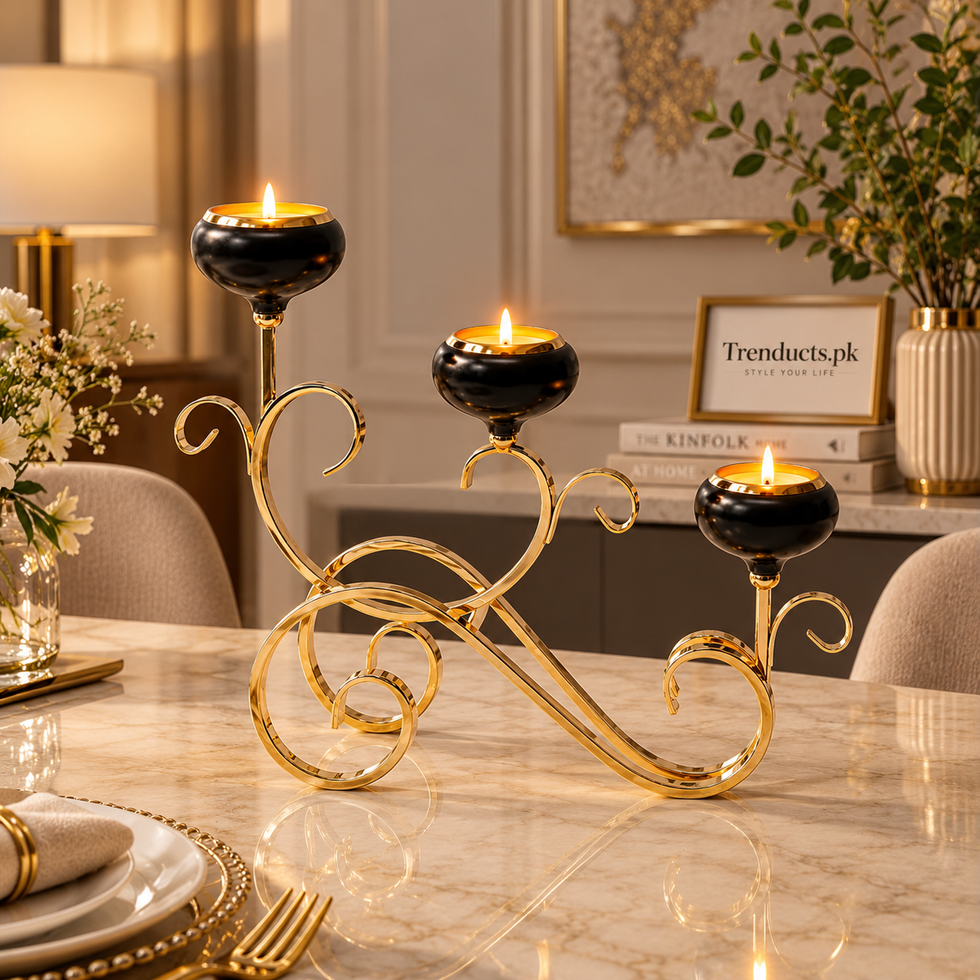 Triple Black Cup Metal Candle Stand with Gold Scroll Base