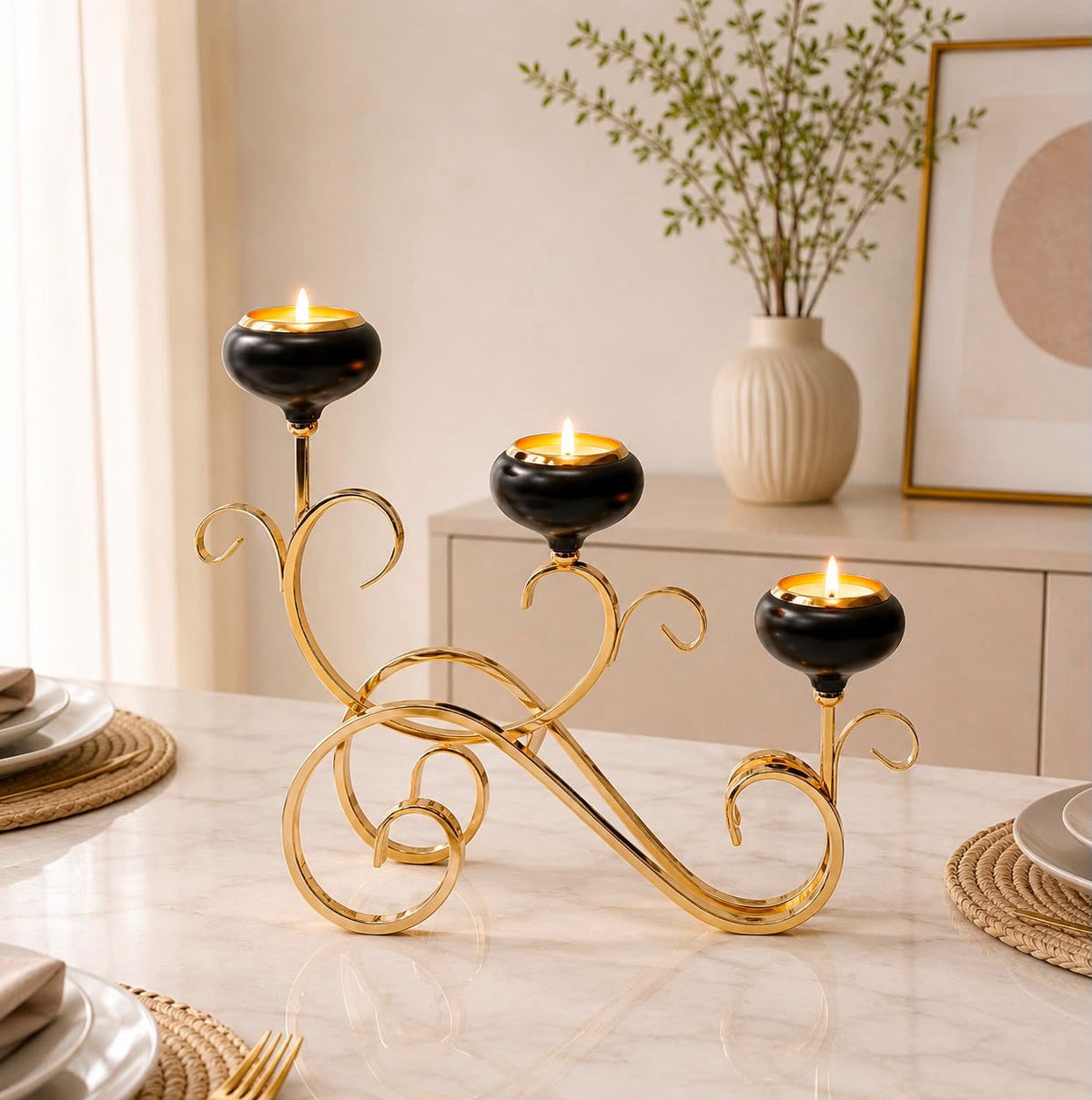 Triple Black Cup Metal Candle Stand with Gold Scroll Base