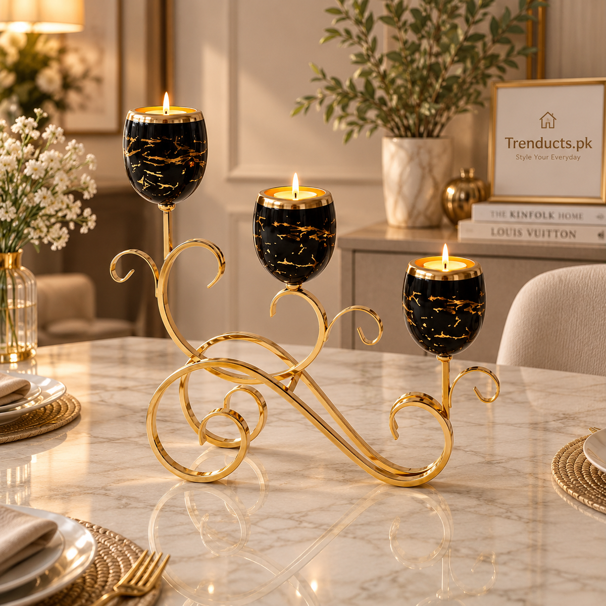 Triple Marble Cup Candle Stand with Gold Scroll Base