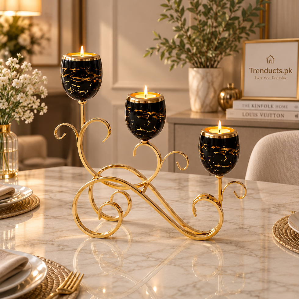 Triple Marble Cup Candle Stand with Gold Scroll Base