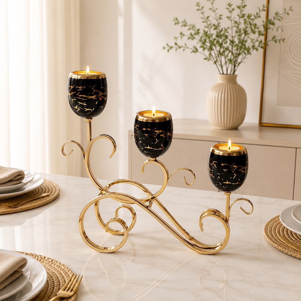 Triple Marble Cup Candle Stand with Gold Scroll Base