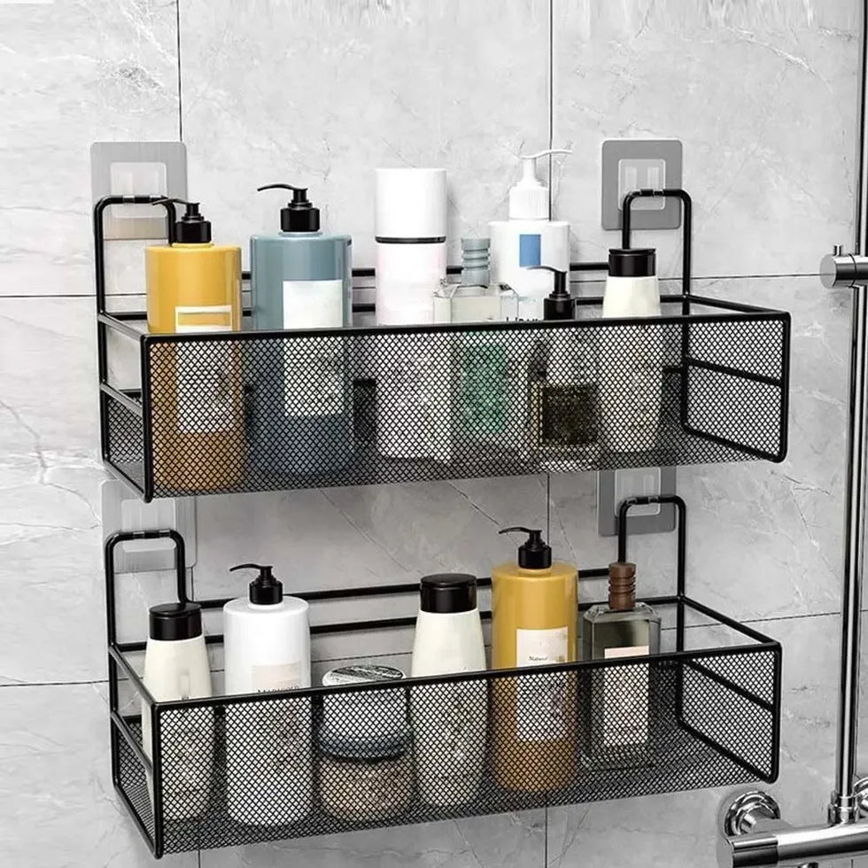 Wall Mounted Bathroom Shelf with Hooks - Black Mesh Organizer - Clarify.pk