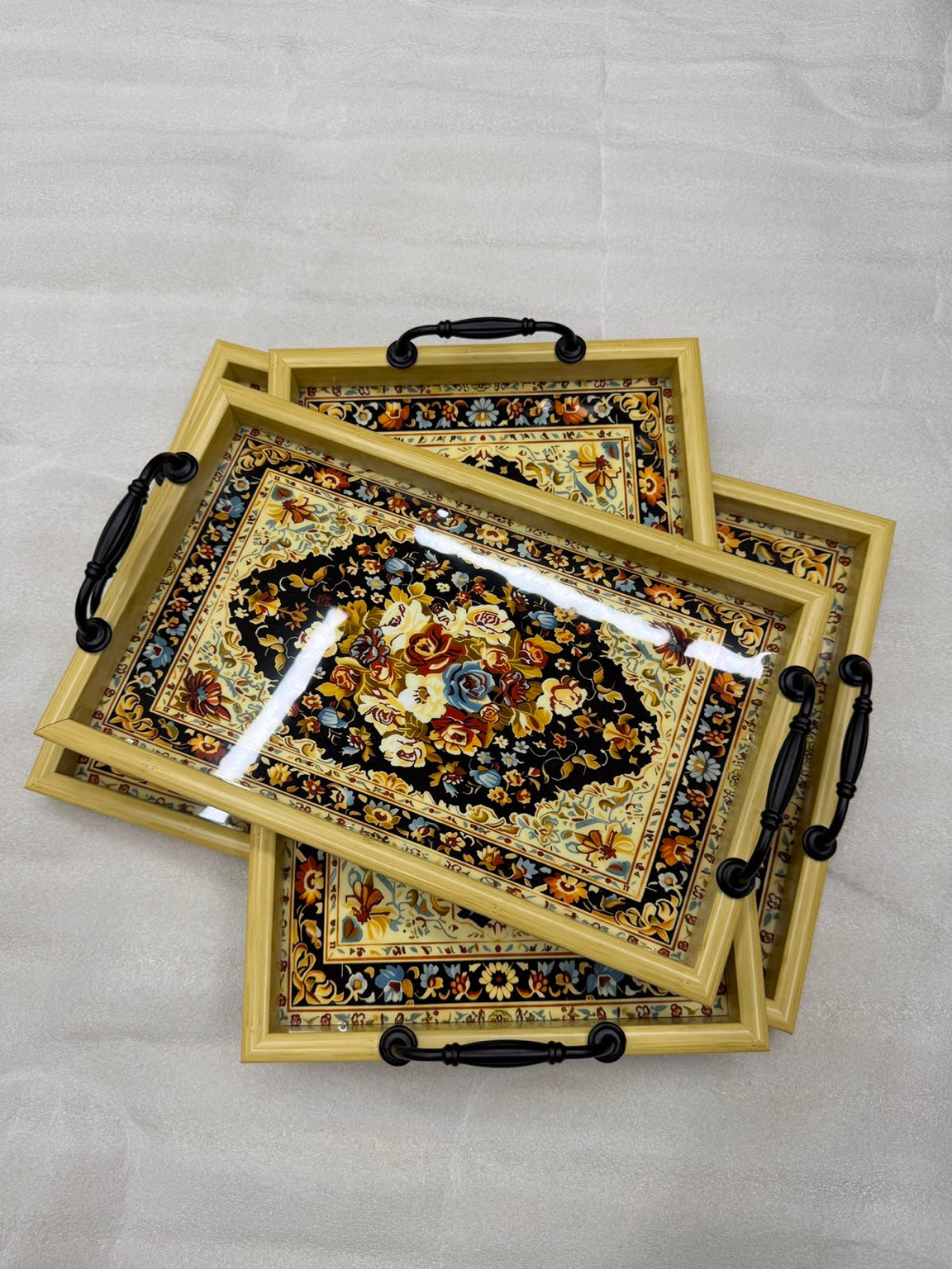 Black Rose Floral 3-Piece Fibre Tray Set