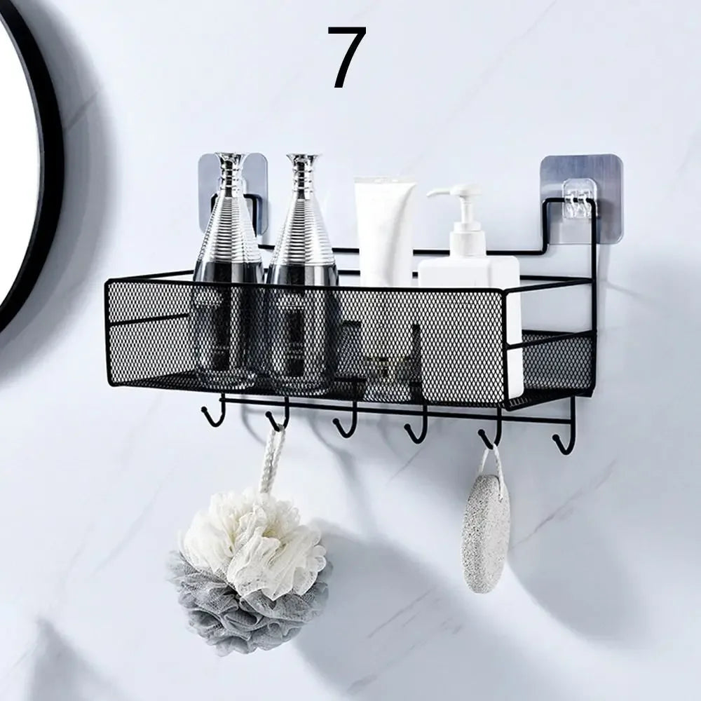 Wall Mounted Bathroom Shelf with Hooks - Black Mesh Organizer - Clarify.pk