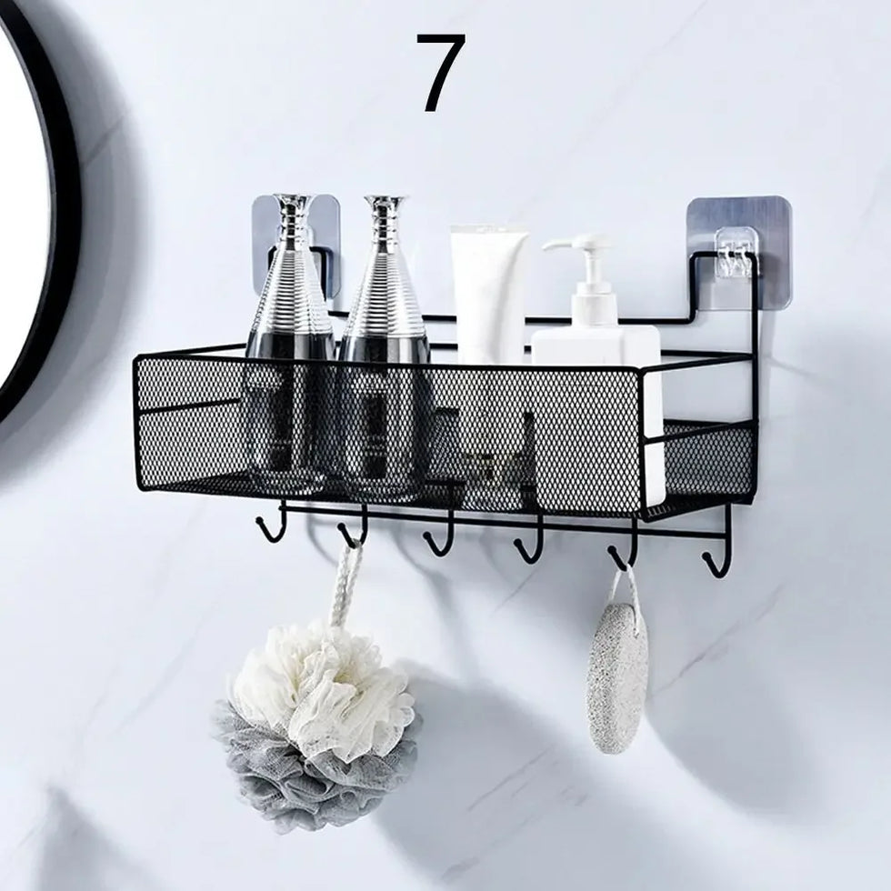 Wall Mounted Bathroom Shelf with Hooks - Black Mesh Organizer