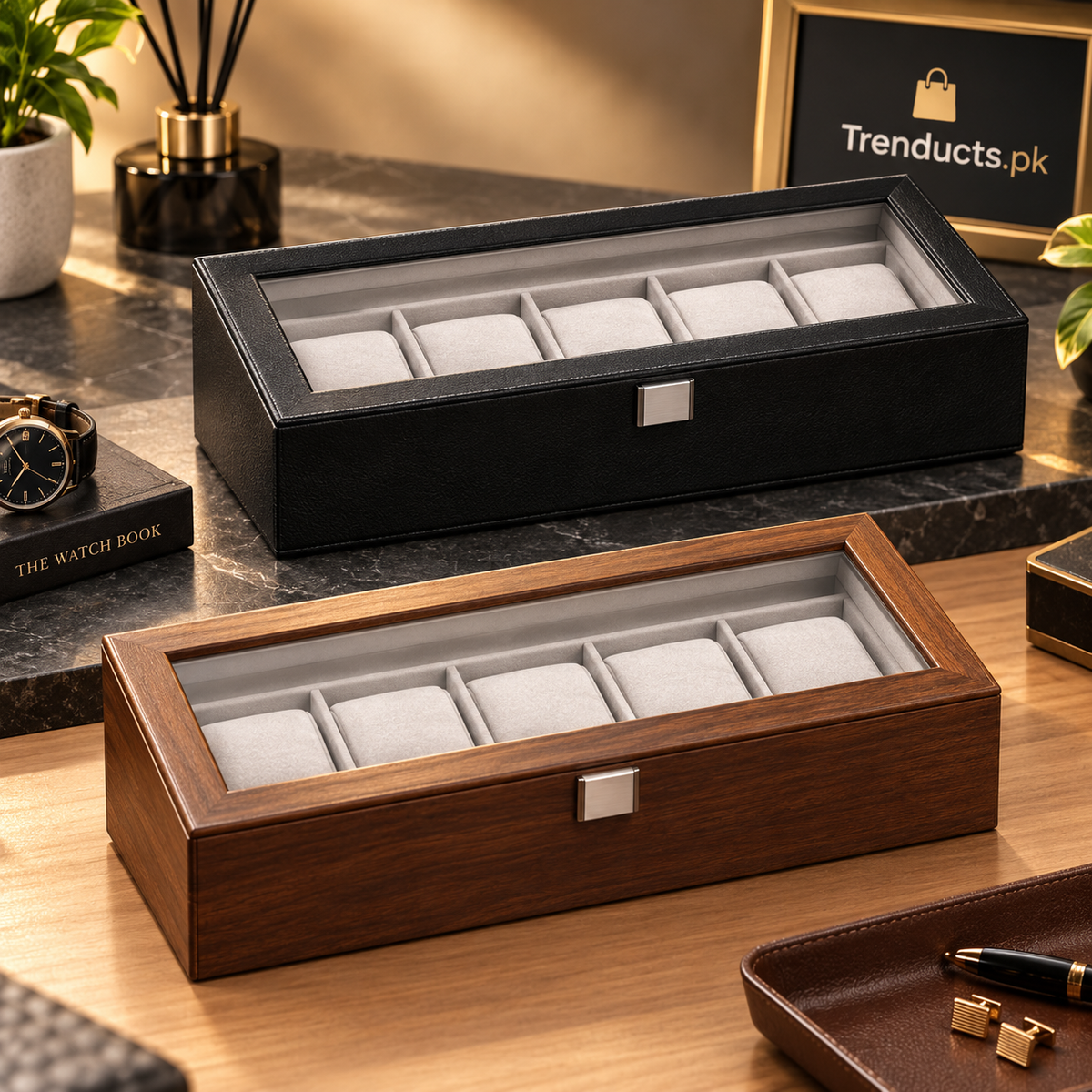 Black & Walnut 6-Grid Watch Box with Cushions