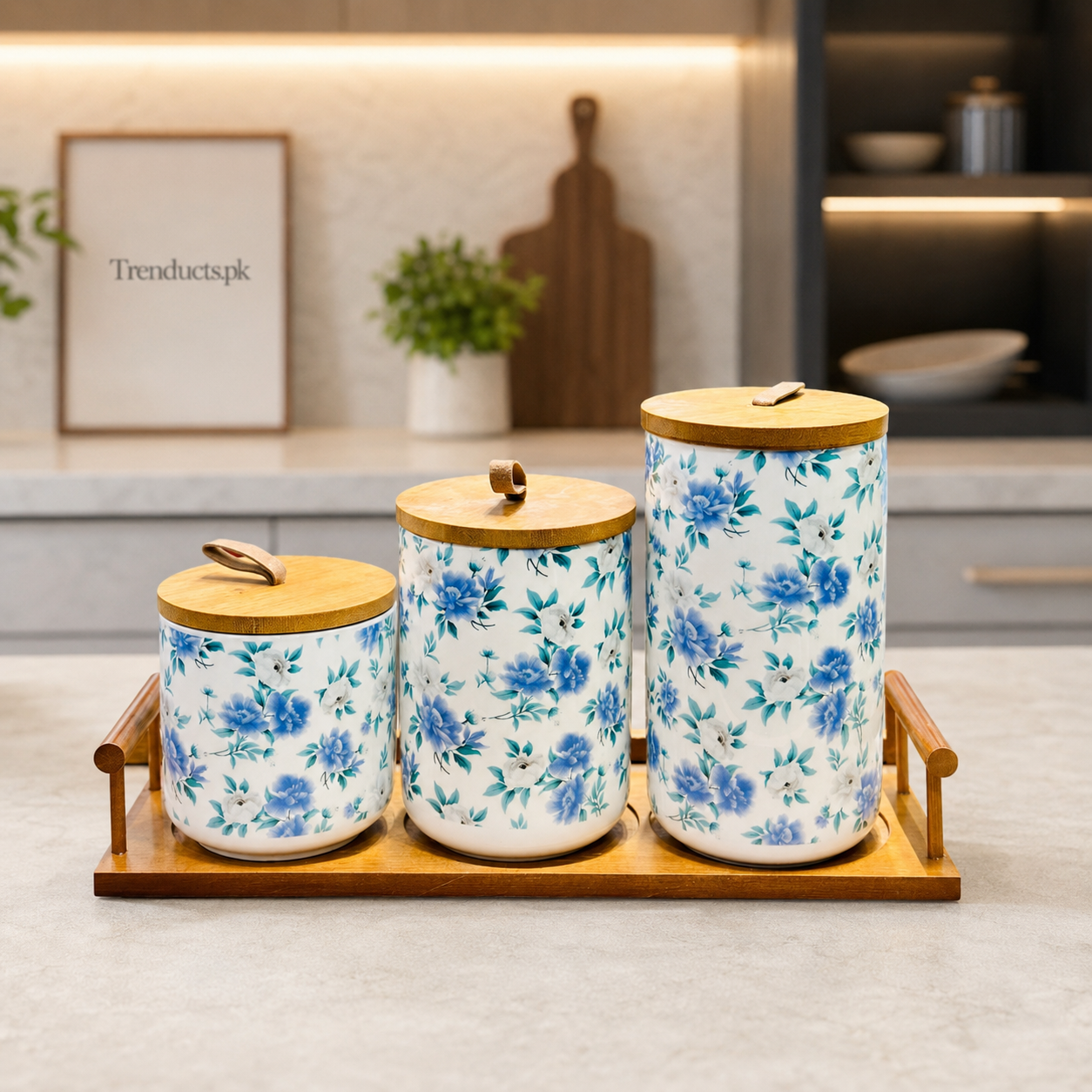 3-Piece Blue Floral Ceramic Airtight Jar Set