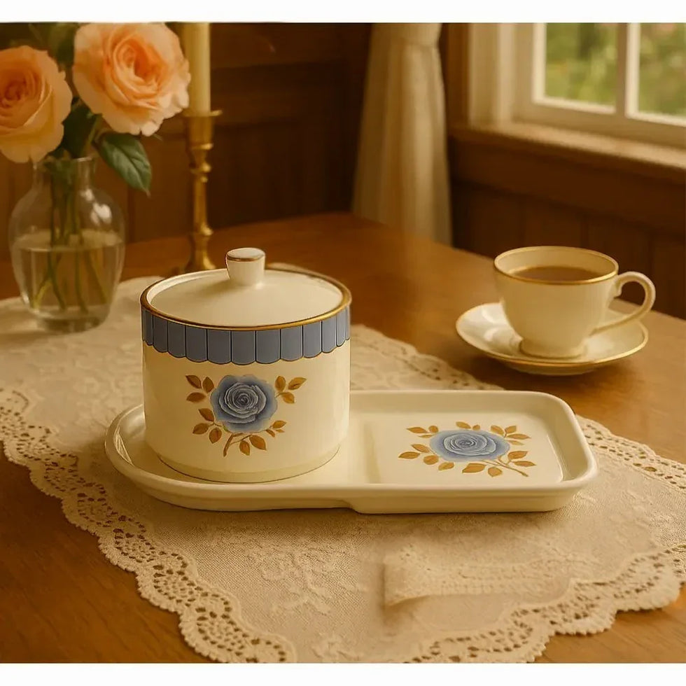 Blue Rose Ceramic Condiment Set with Tray