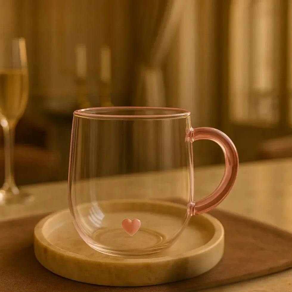 Blush Heart Double-Wall Glass Mug - Stylish & Durable - Clarify.pk