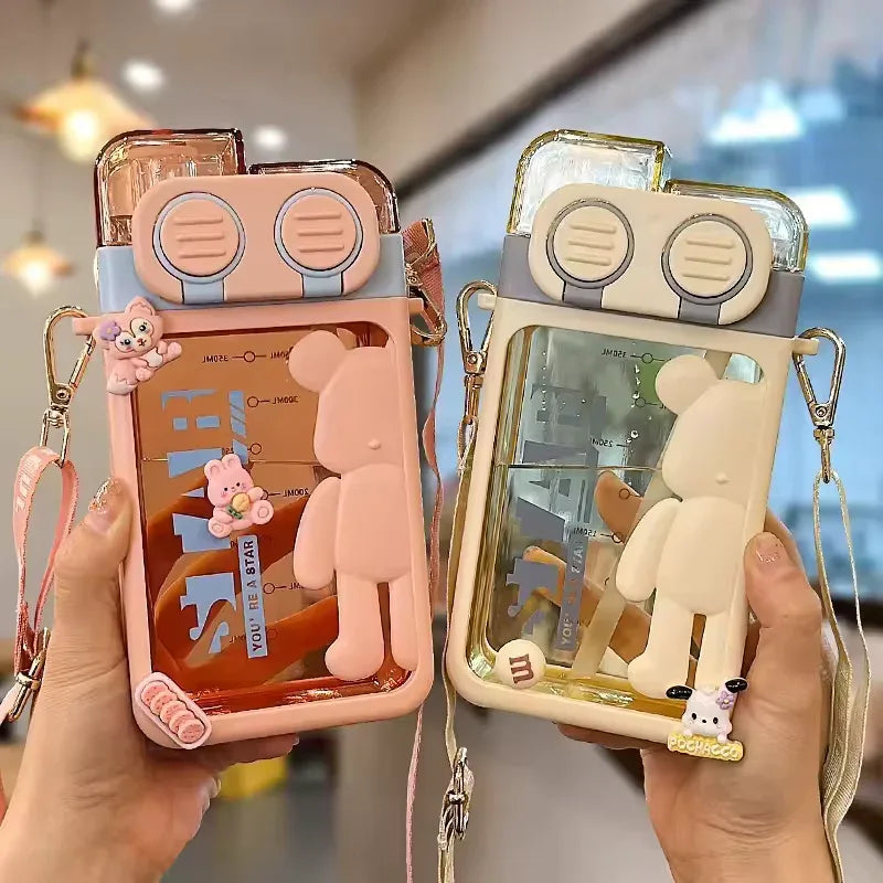 Cartoon Bear Water Bottle with Strap (Random color) - Clarify.pk