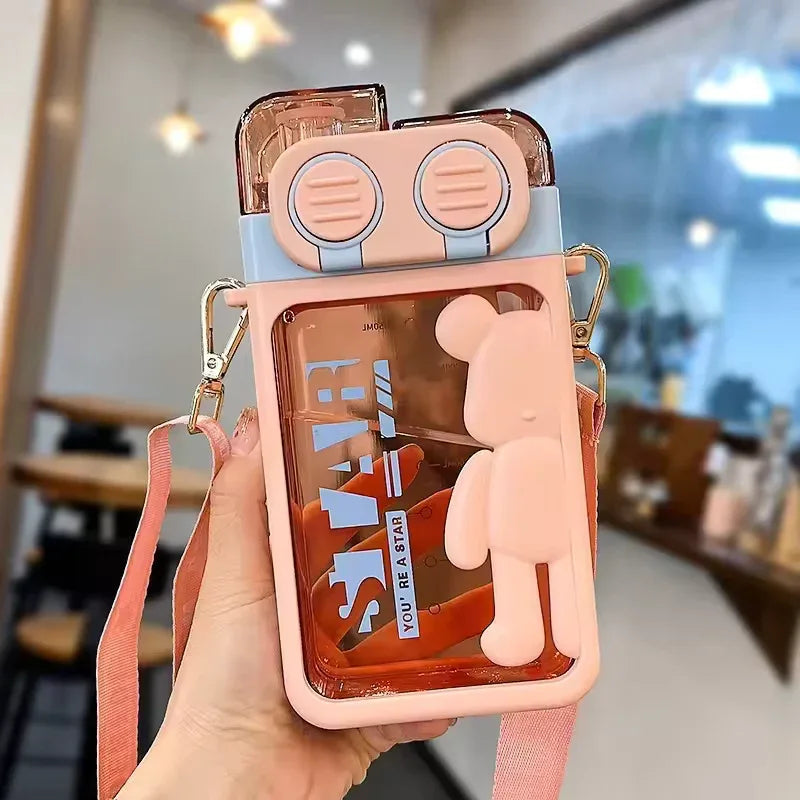 Cartoon Bear Water Bottle with Strap (Random color) - Clarify.pk