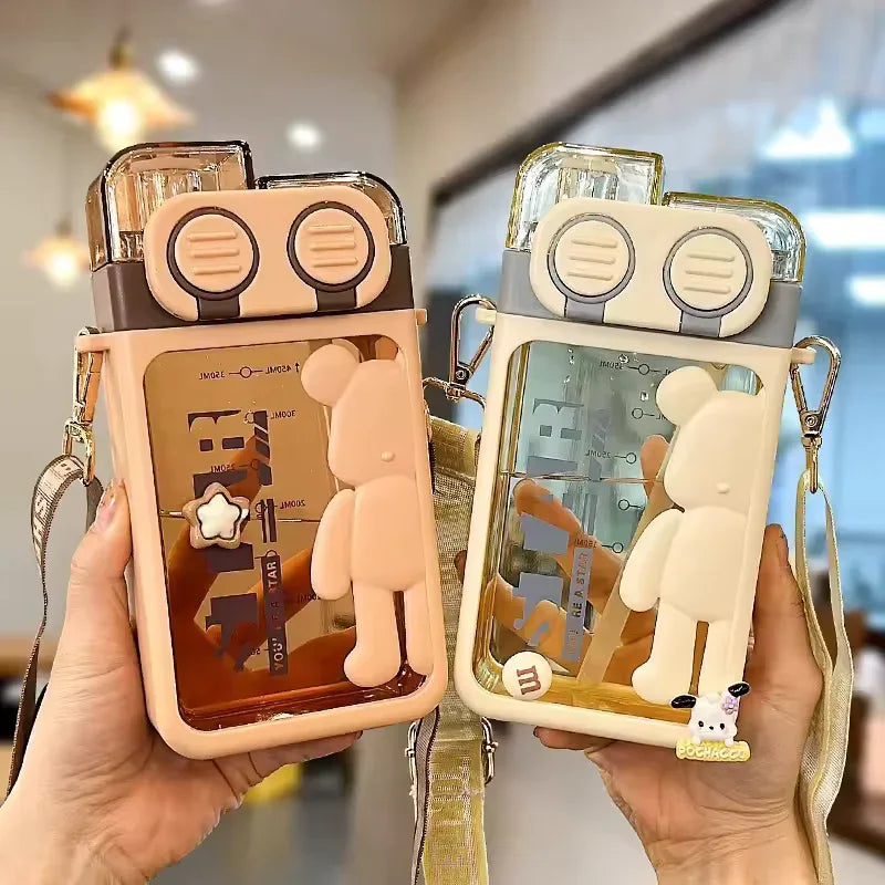 Cartoon Bear Water Bottle with Strap (Random color) - Clarify.pk