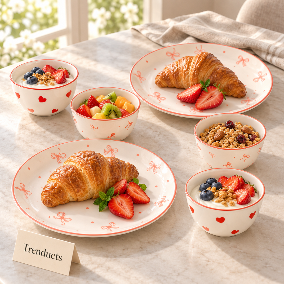Luxury 6 Piece Bow & Heart Ceramic Bowl and Plate Gift Set