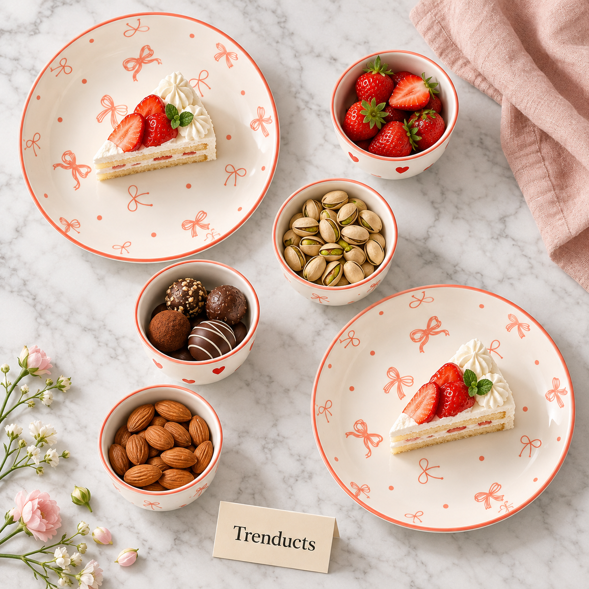 Luxury 6 Piece Bow & Heart Ceramic Bowl and Plate Gift Set