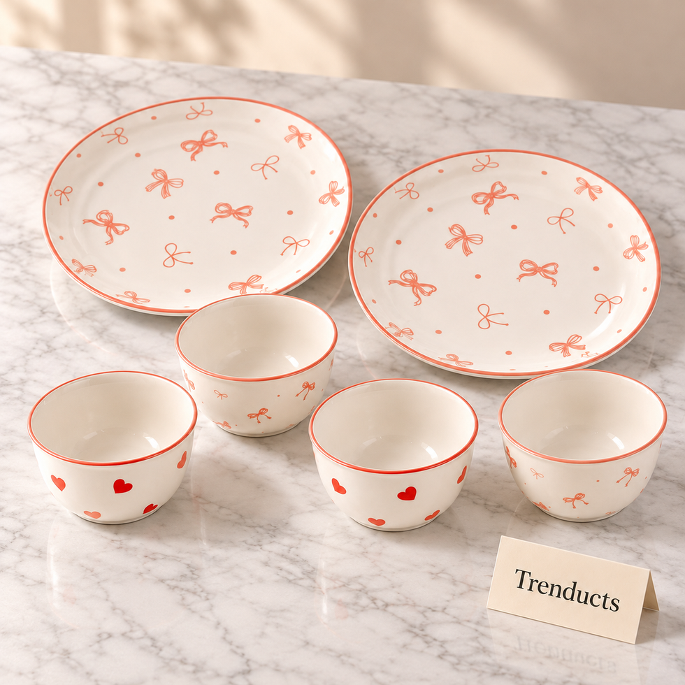 Luxury 6 Piece Bow & Heart Ceramic Bowl and Plate Gift Set