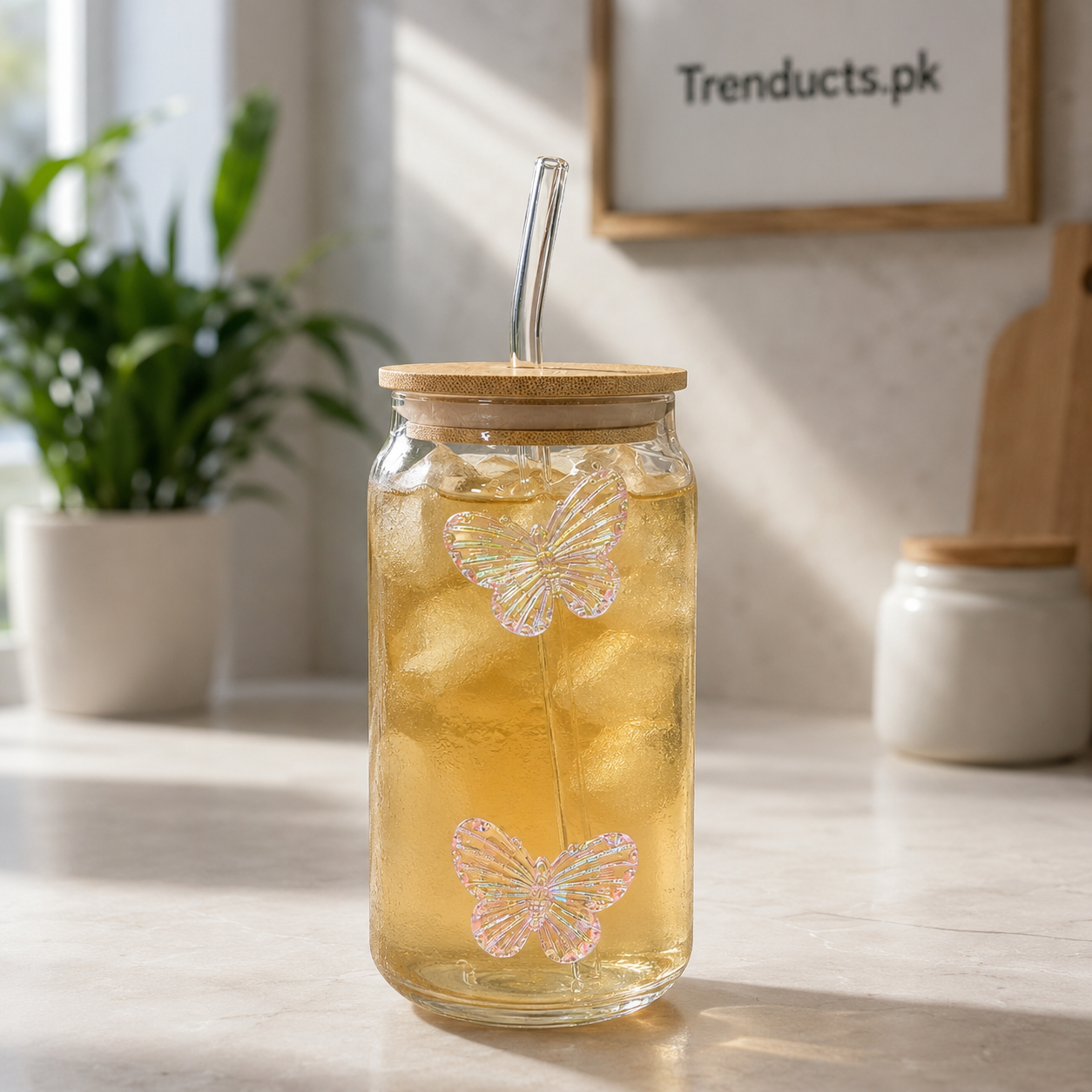 Butterfly Iced Tea Glass with Lid & Straw