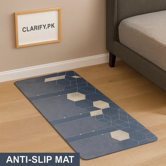 Anti-Slip Rubber Mat – Blue Hexagon Print Floor Rug (58 x 118 cm) - Clarify.pk