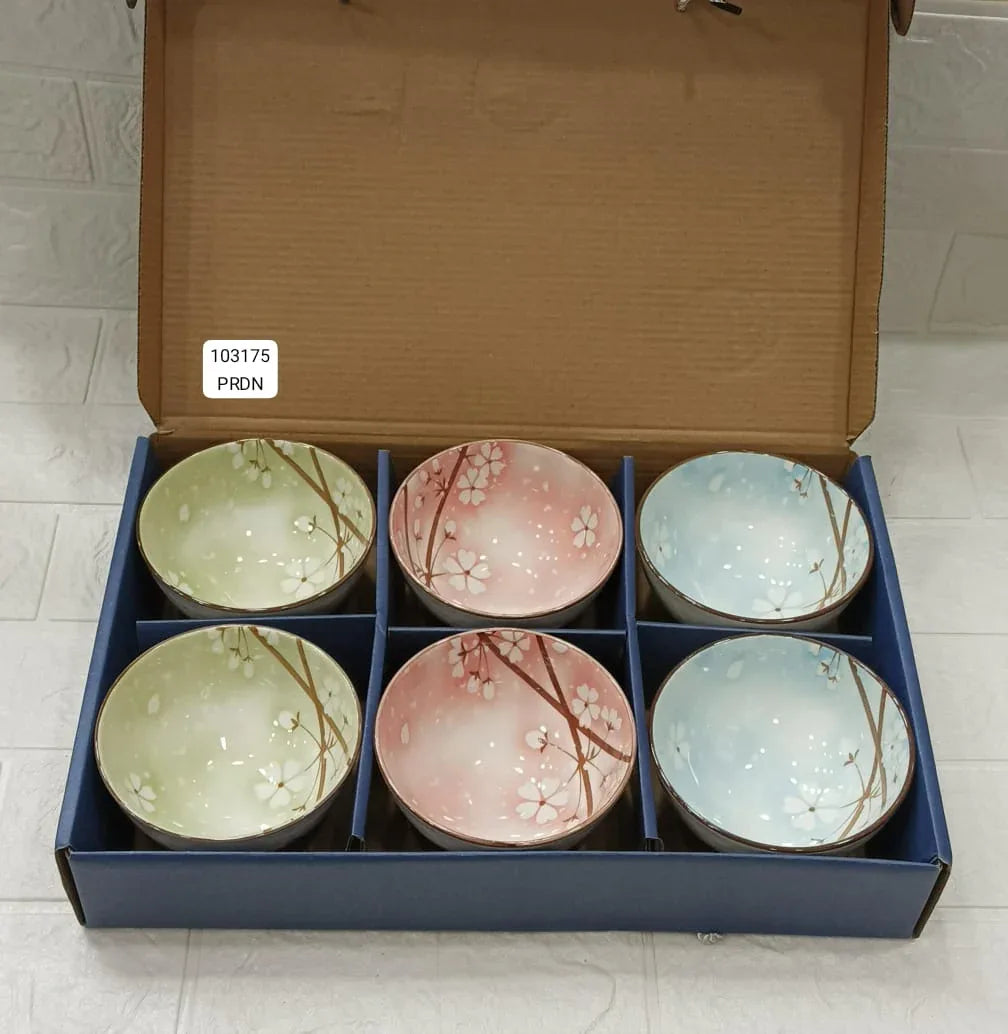 Pack of 6 Ceramic Bowl Set – Cherry Blossom Pastel Design - Clarify.pk